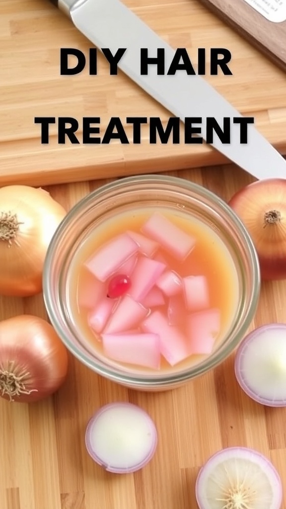 A bowl of onion juice with whole onions and essential oil on a wooden countertop.